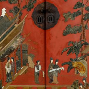 Cabinet a due ante in legno laccato con applicazioni in pietre dure e scene di vita comune, Cina, Dinastia Qing, XIX secolo  - Asta Arte Orientale   - Associazione Nazionale - Case d'Asta italiane