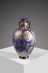 LA MURRINA - Grande vaso in vetro blu decorato a murrine multicolori e impreziosito da foglia oro