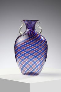 FRATELLI TOSO - Vaso a fasce ritorte ametista e blu, manici applicati in vetro trasparente