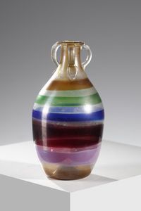 FRATELLI TOSO - attribuito. Vaso in vetro trasparente a superficie acidata decorato con fasce multicolori