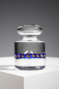 LA MURRINA - Fermacarte in vetro trasparente decorato da fasce di murrine blu
