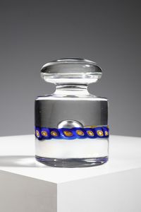 LA MURRINA - Fermacarte in vetro trasparente decorato da fasce di murrine blu