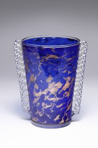 A.V.E.M - Vaso in vetro blu della serie Opachi a mace avventurina, base e morise  in  vetro  trasparente