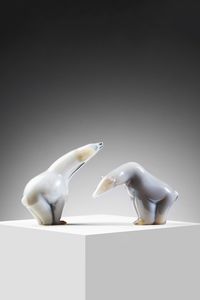 SEGUSO  ARCHIMEDE - Coppia di orsi in vetro alabastro color grigio sfumato ambra