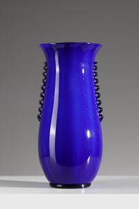 BAROVIER SEGUSO FERRO - Vaso in vetro incamiciato blu base e morise in vetro  nero