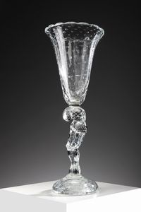 ROSIN LOREDANO (1936 - 1991) - Grande calice in vetro trasparente decorato a bolle. Gambo antropomorfo