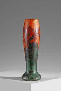 LEGRAS - Vaso in vetro doppio fondo marmorizzato arancio con decoro a papaveri smaltati, base verde