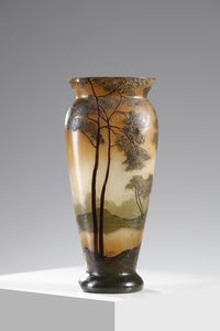 LEGRAS - Vaso in vetro smaltato, decorato con paesaggio lacustre