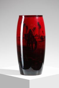 ROYAL DOULTON - Vaso flamb in terracotta modellata a colaggio smaltata in rosso cupo con decoro in nero di paesaggio