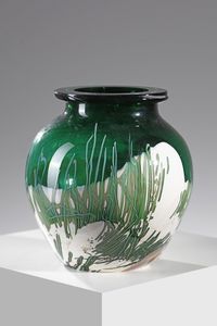MANIFATTURA ITALIANA - Vaso in vetro verde e lattimo decorato con canne in vetro opaco azzurro