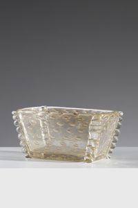 BAROVIER & TOSO - Centrotavola in vetro trasparente decorato a bolle regolari e foglia oro,  morise applicate agli angoli