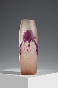 LEGRAS - Vaso in vetro doppio nei toni del rosa con decoro di fiori viola