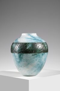 LEGRAS - Vaso in vetro decorato con una fascia incisa all'acido con un motivo floreale, su fondo marmorizzato turchese