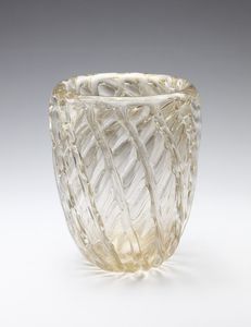 POLI FLAVIO (1900 - 1984) - Vaso in  vetro  trasparente  e  oro  decorato con  costolature, Seguso  vetri darte.