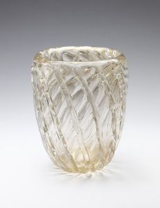 POLI FLAVIO (1900 - 1984) - Vaso in  vetro  trasparente  e  oro  decorato con  costolature, Seguso  vetri d�arte.