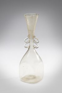 MANIFATTURA MURANESE - Vaso in vetro trasparente biansato decorato su collo con filamento a spirale, bocca polilobata