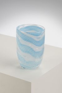 MANIFATTURA MURANESE - Vaso trasparente lattimo decorato con fascia a spirale azzurrina