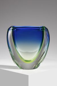 MANIFATTURA MURANESE - Vaso in vetro sommerso  blu e giallo a sezione schiacciata