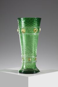 MANIFATTURA MURANESE - Vaso in vetro verde a rigadin decorato con applicazioni