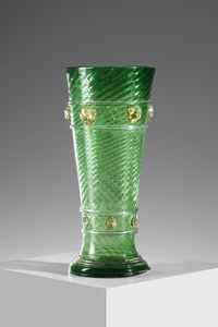 MANIFATTURA MURANESE - Vaso in vetro verde a rigadin decorato con applicazioni