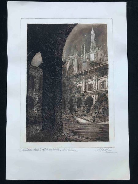 Milano. Firma non decifrata Cortile dell�Arcivescovado. Sera di luna  - Asta Oltre 300 lotti ad offerta libera - Associazione Nazionale - Case d'Asta italiane