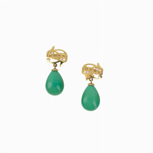 PAIO DI ORECCHINI PENDENTI CON PASTA DI TURCHESE E DIAMANTI  - Asta Gioielli  - Associazione Nazionale - Case d'Asta italiane