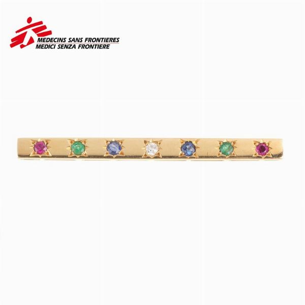 SPILLA A BARRETTA CON PIETRE DI COLORE E DIAMANTI  - Asta Gioielli  - Associazione Nazionale - Case d'Asta italiane