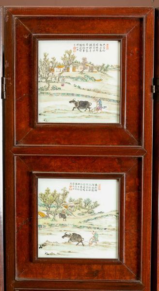 Importante paravento a quattro ante con placche in porcellana raffiguranti paesaggi con contadini, scene di vita comune e iscrizioni, Cina, Dinastia Qing, XIX secolo  - Asta Fine chinese works of art - Associazione Nazionale - Case d'Asta italiane