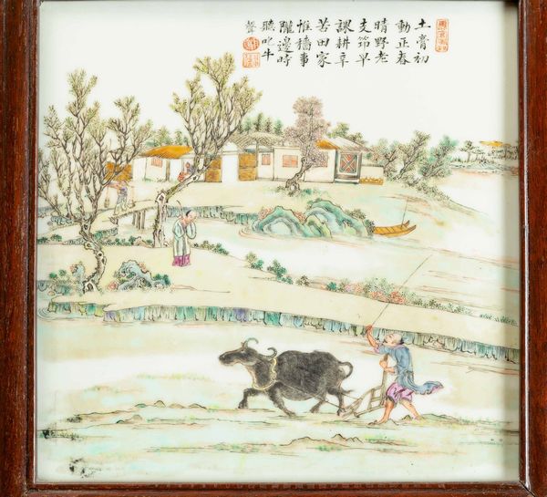Importante paravento a quattro ante con placche in porcellana raffiguranti paesaggi con contadini, scene di vita comune e iscrizioni, Cina, Dinastia Qing, XIX secolo  - Asta Fine chinese works of art - Associazione Nazionale - Case d'Asta italiane
