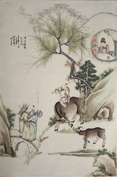 Placca in porcellana a smalti policromi con pastori e iscrizione, Cina, Dinastia Qing, XIX secolo  - Asta Fine chinese works of art - Associazione Nazionale - Case d'Asta italiane