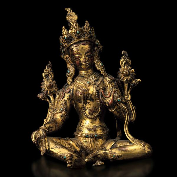 Rarissima e fine figura di Tara in bronzo dorato con innesti di turchese, Tibet, XIV secolo  - Asta Fine chinese works of art - Associazione Nazionale - Case d'Asta italiane