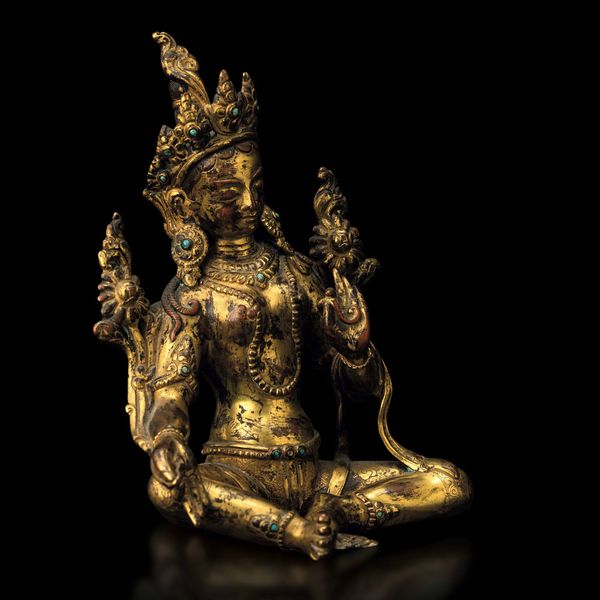 Rarissima e fine figura di Tara in bronzo dorato con innesti di turchese, Tibet, XIV secolo  - Asta Fine chinese works of art - Associazione Nazionale - Case d'Asta italiane