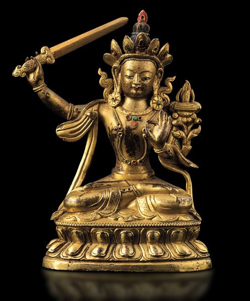 Figura di Manjushri seduta su doppio fiore di loto in bronzo dorato, tracce do policromia e innesti di pietre dure, Cina, Dinastia Qing, epoca Qianlong (1736-1796)  - Asta Fine chinese works of art - Associazione Nazionale - Case d'Asta italiane