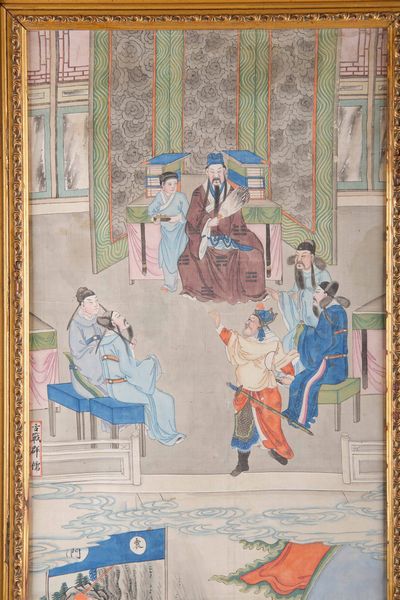 Dipinto su seta raffigurante scena di corte con iscrizione, Cina, Dinastia Qing, epoca Jiaqing (1796-1820)  - Asta Fine chinese works of art - Associazione Nazionale - Case d'Asta italiane