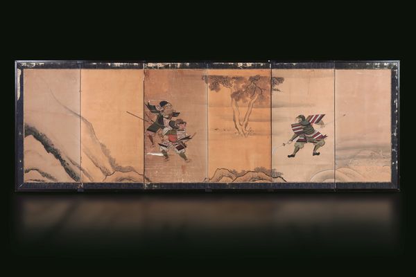 Screen a sei ante dipinte su carta con figure di guerrieri, Giappone, periodo Meiji (1868-1912)  - Asta Fine chinese works of art - Associazione Nazionale - Case d'Asta italiane