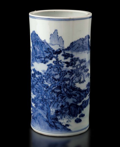 Vaso cilindrico in porcellana bianca e blu raffigurante scorcio di paesaggio, Cina, Dinastia Qing, XIX secolo  - Asta Fine chinese works of art - Associazione Nazionale - Case d'Asta italiane