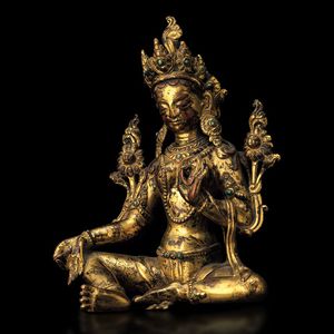Rarissima e fine figura di Tara in bronzo dorato con innesti di turchese, Tibet, XIV secolo  - Asta Fine chinese works of art - Associazione Nazionale - Case d'Asta italiane