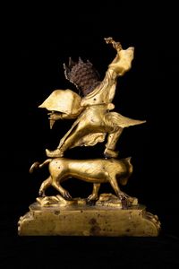 Grande figura di Yama Lord of Hell in bronzo dorato con innesti di pietre dure, Cina, Dinastia Qing, XIX secolo  - Asta Fine chinese works of art - Associazione Nazionale - Case d'Asta italiane