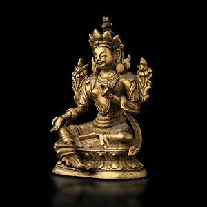 Figura di Tara seduta su doppio fiore di loto in bronzo dorato, Cina, Dinastia Qing, epoca Qianlong (1736-1796)  - Asta Fine chinese works of art - Associazione Nazionale - Case d'Asta italiane