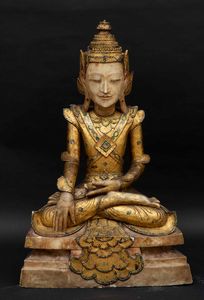 Grande figura di Buddha Sakyamuni in alabastro e legno dorato, Thailandia, prima met� XIX secolo  - Asta Fine chinese works of art - Associazione Nazionale - Case d'Asta italiane