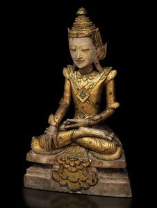 Grande figura di Buddha Sakyamuni in alabastro e legno dorato, Thailandia, prima met XIX secolo  - Asta Fine chinese works of art - Associazione Nazionale - Case d'Asta italiane