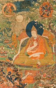 Thangka finemente dipinto su seta con figura di Lama centrale e altre divinit�, Tibet, XVIII secolo  - Asta Fine chinese works of art - Associazione Nazionale - Case d'Asta italiane
