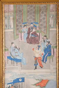 Dipinto su seta raffigurante scena di corte con iscrizione, Cina, Dinastia Qing, epoca Jiaqing (1796-1820)  - Asta Fine chinese works of art - Associazione Nazionale - Case d'Asta italiane