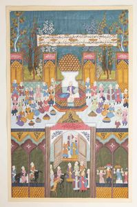 Lotto composto da tre pagine miniate con personaggi e iscrizioni, India, XIX secolo  - Asta Fine chinese works of art - Associazione Nazionale - Case d'Asta italiane