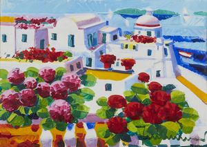 FACCINCANI ATHOS (n. 1951) - Santorini e gerani.