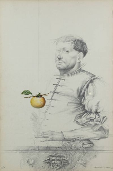 WALTER JERVOLINO Bondeno (Fe) 1944 - 2012 San Mauro Torinese (To) : Uomo in costume con mela  - Asta Grafica - Associazione Nazionale - Case d'Asta italiane