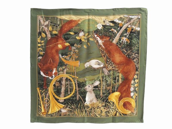 Foulard Carr� in seta Chasse au Bois, Herm�s  - Asta Abiti e accessori vintage  - Associazione Nazionale - Case d'Asta italiane