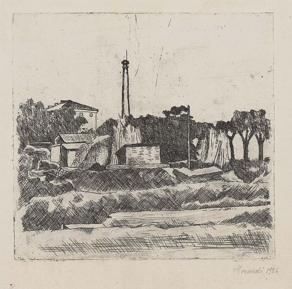 Giorgio Morandi : Paesaggio con la ciminiera (Sobborghi di Bologna)  - Asta ARTE MODERNA - Associazione Nazionale - Case d'Asta italiane