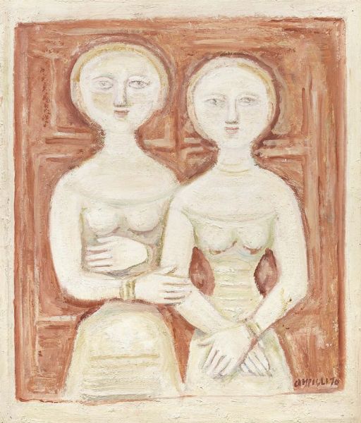 Massimo Campigli : Due donne (Due figure su fondo rosso)  - Asta ARTE MODERNA - Associazione Nazionale - Case d'Asta italiane