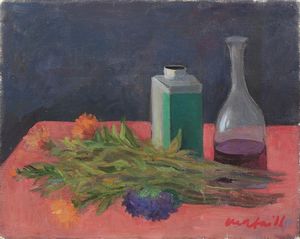 Mario Mafai - Natura morta con fiori e bottiglie